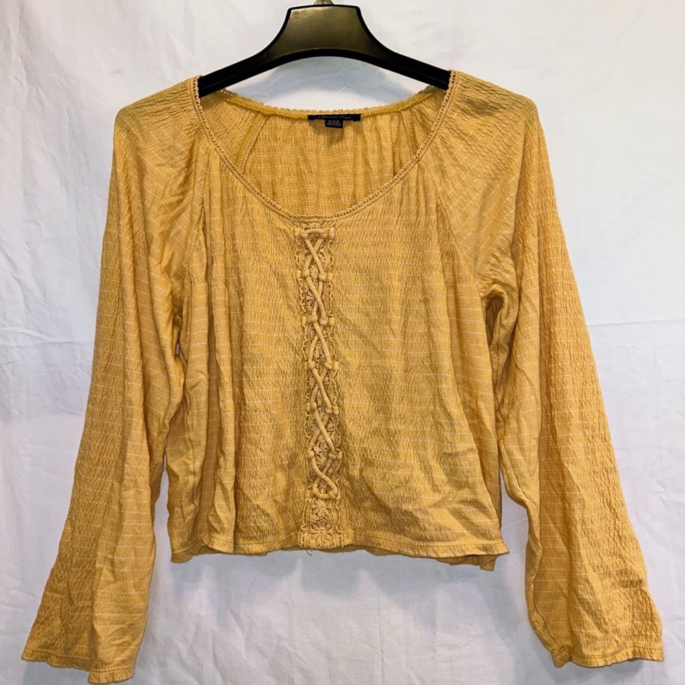 American Eagle Boho Pilgrim Top Yellow Long Sleeve Cropped Blouse Size Medium
